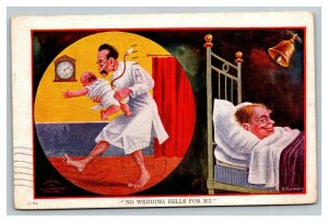 Vintage 1907 Comic Postcard Sleeping Man Happy That He's a Bachelor Crying Baby