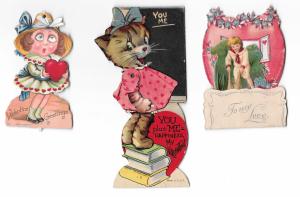 3 Small Diecut Vintage Valentine Cards 2 Mechanical 1 Fold out Cat Girl Boy