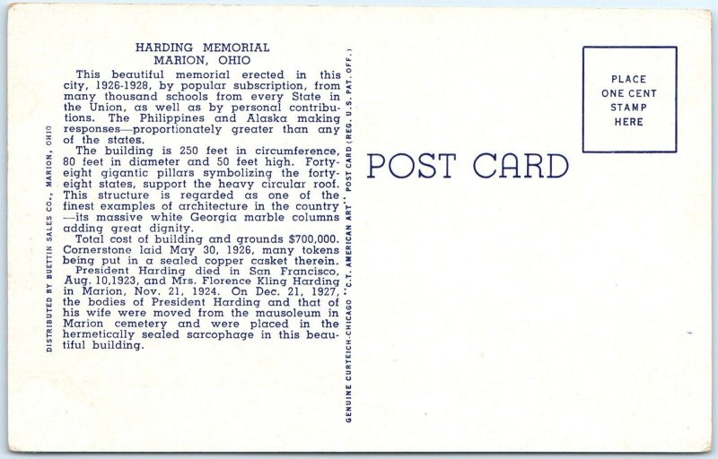 c1940s Marion, OH Harding Memorial Building Linen PC Marble Sarcophage Tomb A289