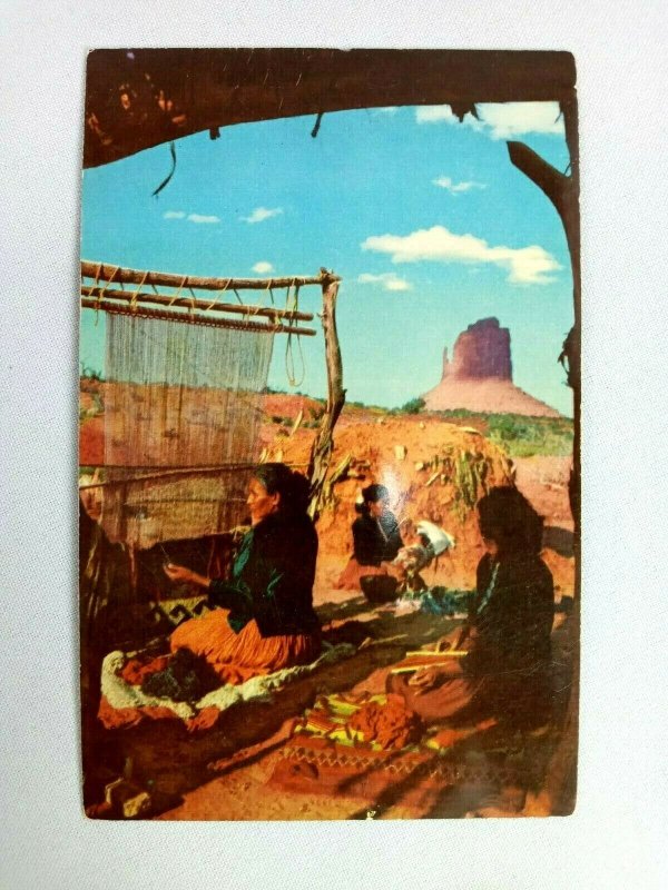 Vintage Postcard Navajo Women Weave and Card Wool under Summer Shelter