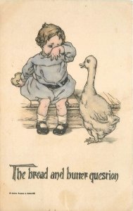 Postcard 1911 Hand Colored Child duck Bread Butter Question humor 22-14315