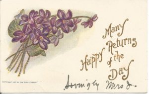 Bouquet of Purple Violets Many Happy Returns Of The Day 1907 Vintage Undivided