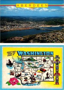 2~4X6 Postcards Aberdeen, Washington  BIRD'S EYE VIEW~Grays Harbor & WA MAP CARD