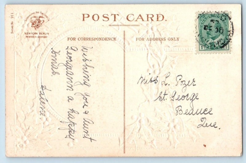 Christmas Postcard Greetings Holly Berries House Winter Scene Clapsaddle Canada