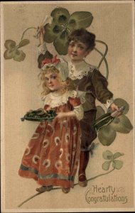 Congratulations Little Boy and Girl Drink Toast Champagne c1910 Postcard