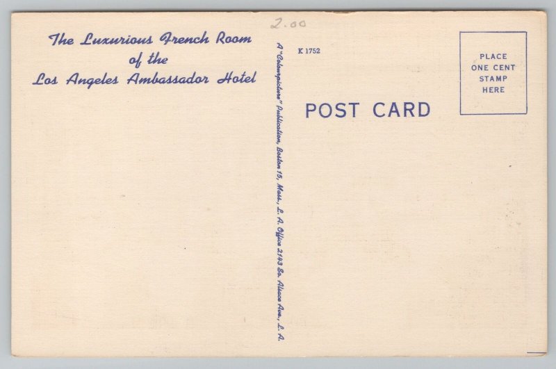 Hotel~Los Angeles Ambassador Hotel Luxurious French Room~Vintage Postcard