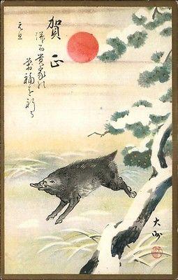 JAPAN JAPANESE ART Warthog Wild Pig in Wild c1910 Postcard