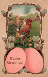 Vintage Postcard 1910s Happy Easter Two Chicken and Three Little Chicks Greeting