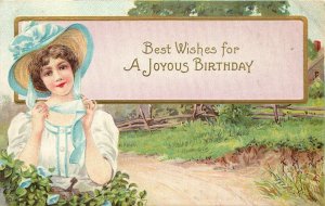Stecher Embossed Birthday Postcard 326B Beautiful Woman in Blue Hat, Countryside