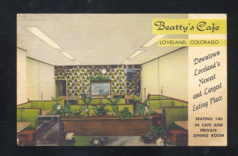 LOVELAND COLORADO BEATTY'S CAF� RESTATUANT VINTAGE ADVERTISING POSTCARD