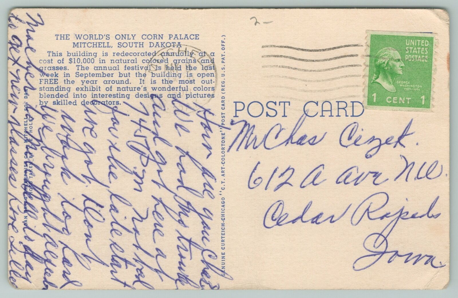 Mitchell South DakotaSide View of Corn Palace1940s Linen Postcard