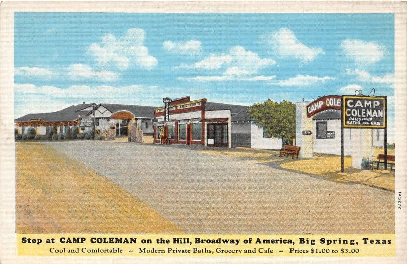 J38/ Big Spring Texas Postcard Linen Camp Coleman Store Cabins 108