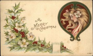 Pretty Blonde Woman Christmas Tree Ornament Border Rotograph F54/1 c1910 PC