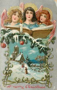 Embossed Tuck Christmas Postcard 136 Angels Sing Above People Going To Church