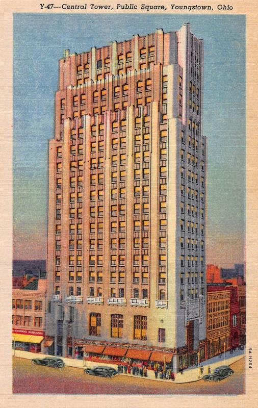 Central Tower, Public Square, Youngstown, Ohio, Early Linen Postcard, Unused