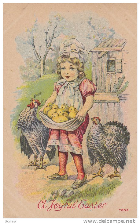 A Joyful Easter, Girl holding chicks in apron, Rooster and hen, 00-10s