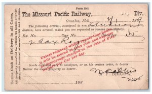 1889 The Missouri Pacific Railway AF Briggs Agent Omaha Nebraska NE Postal Card