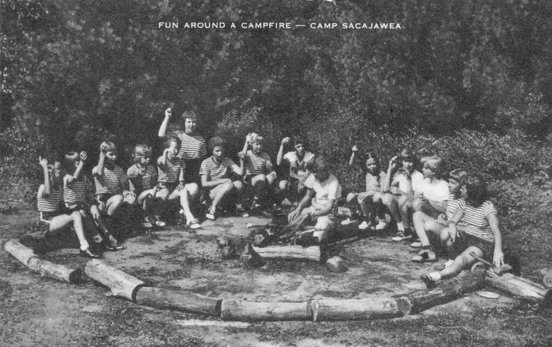 CHILDREN Around The CAMPFIRE At CAMP SACAJAWEA   c1940's Artvue Postcard
