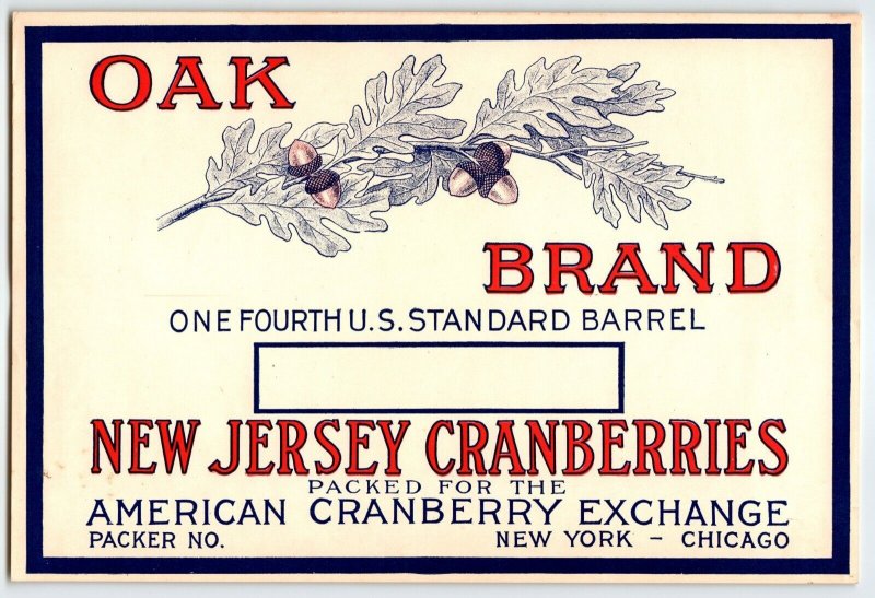 Oak Brand Cranberries New York Chicago Fruit Crate Label Original Vintage 1930's