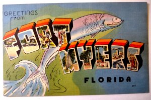 Greetings From Fort Myers Florida Large Letter Linen Postcard Tichnor Big Fish