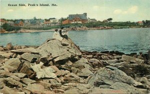 Peak's Island Maine Ocean side Women on rocks Postcard 21-14053