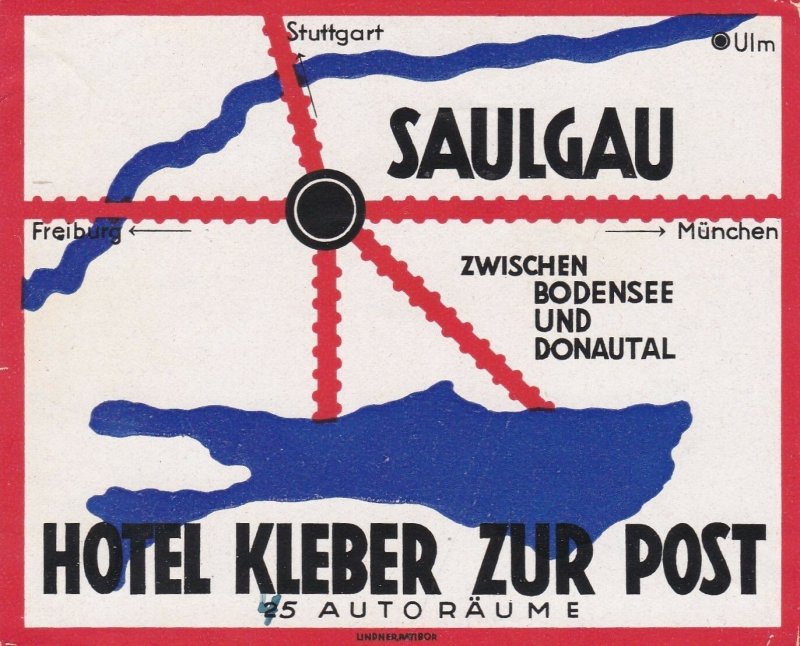 Germany Saulgau Hotel Kleber Zur Post Vintage Luggage Label sk3320