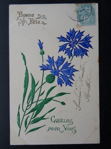 France Greeting BONNE FÊTE Blue Thistle Flower HAPPY HOLS 1905 Embossed Postcard
