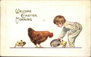 Easter Stecher Ser 76B Little Boy Feeds Hen and Chicks Vintage Postcard