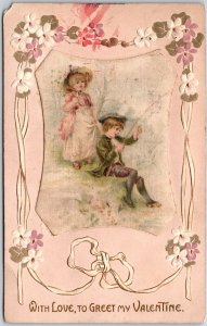 1919 Silk Inlay Love To Greet My Valentine Kids Fishing With Flower Postcard