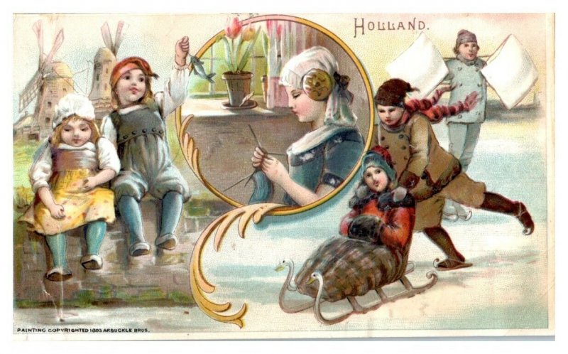 Holland Windmills Kids Sledding Dike Arbuckle Coffee Victorian Trade Card *VT16