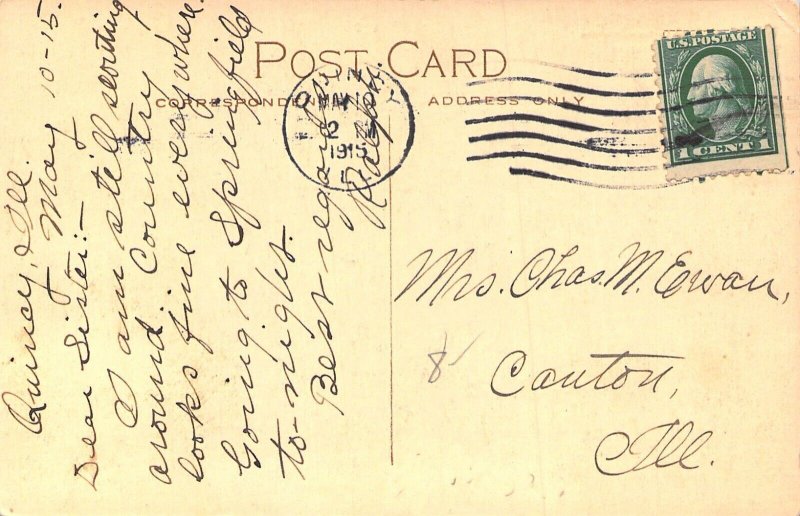 c.'15, Masonic Temple, Fraternity of Quincy, Message,Quincy, IL,Old Post Card