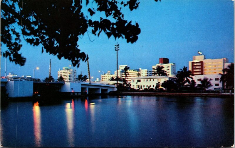 Vtg Miami Beach Florida FL Indian Creek at Night Hotels Bridge View Postcard