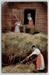 Haying in Warren Minnesota~Sunbonnet Ladies Toss Hay into Barn~Pitchforks~1910 