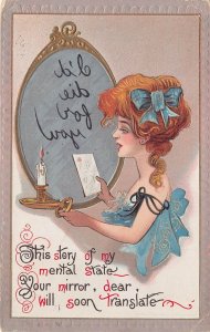 BEAUTIFUL WOMAN READS MYSTERY MESSAGE-REVERSED IN MIRROR~1909 ARTIST POSTCARD