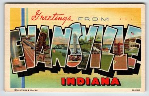 Greetings From EvansvilIe Indiana Large Letter Postcard Linen Curt Teich Unused