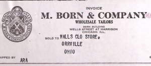 1938 M. BORN & COMPANY WHOLESALE TAILORS CHICAGO ORRVILLE BILLHEAD INVOICE Z275