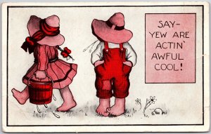 1914 Little Girl And Little Boy Fetching Water Pail Red Outfit Posted Postcard