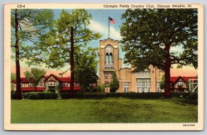 Chicago Heights IL~Olympia Fields Country Club~Clock~US Flag~1940s Linen PC
