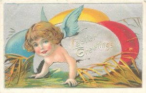 Little Angel Girl Coming Out of Egg Easter Greetings Embossed  Postcard Unposted