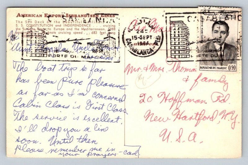 Vintage 1964 SS Constitution Cruise Ship Postcard Sun Deck Buffet Pool Morocco