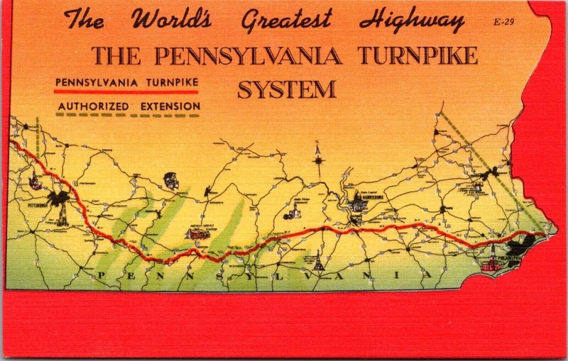 Linen Postcard Map Of The Pennsylvania Turnpike System Highways ...