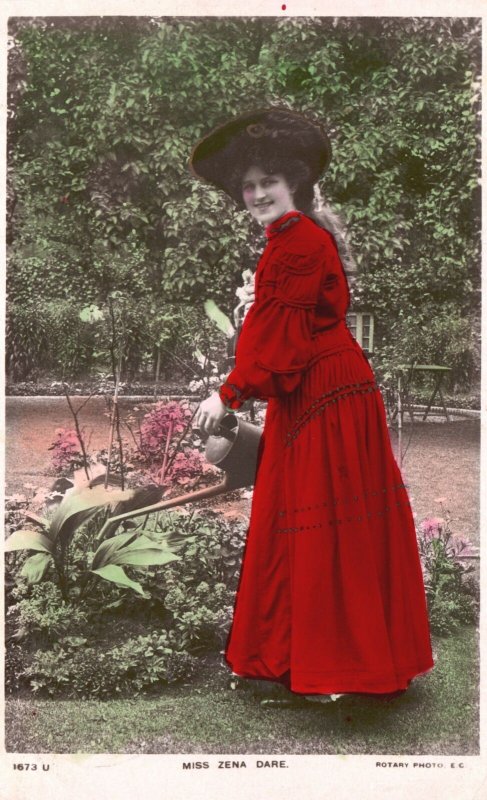 Vintage Postcard Miss Zena Dare Beautiful Lady in Red Dress Singer Actress
