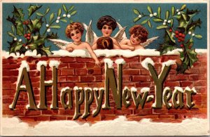 Large Letter Postcard Cherub Angels Baby New Year Horseshoe Snow Holly