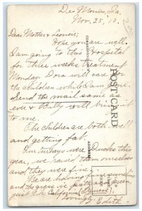 1910 3 Weeks Treatment Letter Mercy Hospital Des Moines Iowa IA Postcard 