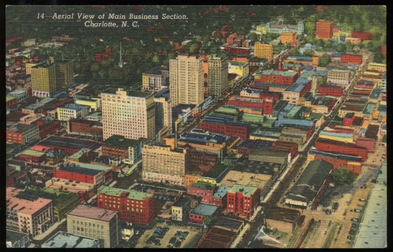 Aerial View of Main Business Section, Charlotte, NC. Curt Teich linen card