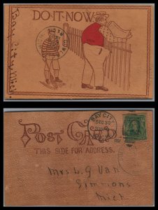 US 1908 Cute Antique  Leather Post Card mailed Bay City Mi. to Simmons Mi.