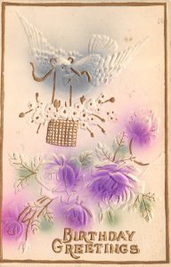 Birthday Greetings 1910 Embossed Postcard Bird Basket Flowers Groveport Ohio