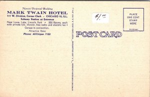 Mark Twain Hotel Chicago Illinois IL Dual View Linen Postcard UNP VTG Unused 