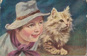 Artist Signed Boy With Cat Artist Signed Advertising Vintage Postcard 07.97