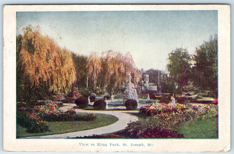 c1910s St. Joseph, MO Krug Park View PC Landscaping Weeping Willow Flowers A276